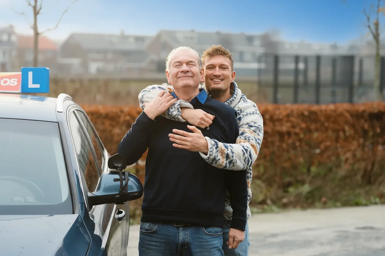 Ton van den Bos en een instructeur bij een lesauto